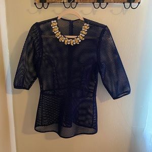 Mesh peplum jeweled collar blouse